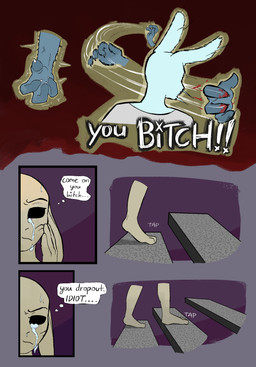 abuse anthro barefoot blood bodily_fluids clothed clothing crying disembodied_hand domestic_abuse duo facial_scar feet female fur inner_monologue male scar simple_background sunflower_(halcyon) sweat sweatdrop tears text thinking lost_andsafe halcyon_(series) canid canine canis lagomorph leporid mammal rabbit wolf 2025 absurd_res comic digital_media_(artwork) english_text hi_res