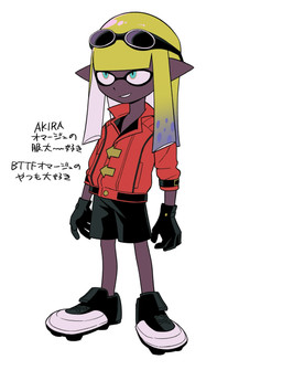clothed clothing cosplay crossover_cosplay dark_body dark_skin eyewear eyewear_on_head gloves goggles goggles_on_head handwear male not_furry pseudo_hair simple_background solo tentacle_hair tentacles text white_background enaic31 akira_(film) nintendo splatoon inkling_boy aquatic cephalopod humanoid inkling mollusk crossover hi_res japanese_text translation_request