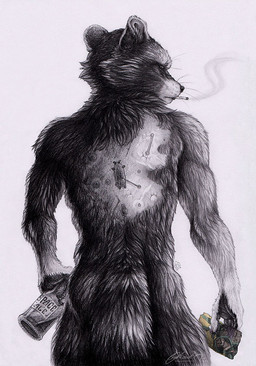 alcohol anthro beverage biped bottle cigarette claws container cybernetics fur holding_bottle holding_container holding_object looking_back machine male nude rear_view simple_background smoke smoking solo standing white_background bloodhound_omega conditional_dnp guardians_of_the_galaxy marvel blackjack_o'hare lylla_(marvel) rocket_raccoon hare lagomorph leporid mammal mustelid otter procyonid rabbit raccoon 2016 detailed portrait sketch spot_color three-quarter_portrait