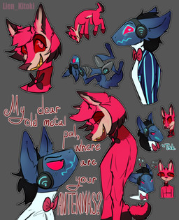 2_horns anthro black_hair blue_body bow_tie clothing comic_panel dialogue duo fangs feral hair hooves horn machine male male/male protogen_armor protogen_visor red_body red_eyes shirt short_tail smile tail teeth topwear lien_kitoki hazbin_hotel hellaverse alastor_(hazbin_hotel) vox_(hazbin_hotel) deer mammal protogen comic hi_res sketch sketch_page