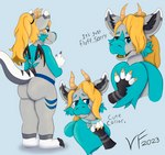 anthro back_markings big_butt big_ears black_claws blonde_hair blue_body blue_collar blue_eyebrows blue_eyes blue_fur blue_markings blue_snout butt cheek_tuft chest_tuft claws collar collar_pull dipstick_ears duo ear_markings eyebrows eyelashes facial_tuft fangs feet femboy fur fur_markings grey_background grey_body grey_ears grey_fur hair horn long_eyelashes long_hair male markings multicolored_ears ponytail raised_tail simple_background small_wings solo_focus tail tail_markings tan_horn teeth text thick_thighs tongue tuft white_body white_ear_tips white_feet white_fur white_paws white_tail wide_hips wings yellow_body yellow_fur yellow_tongue vancefluff mythology vance_(vancefluff) dragon furred_dragon furred_scalie mythological_creature mythological_scalie scalie absurd_res english_text hi_res