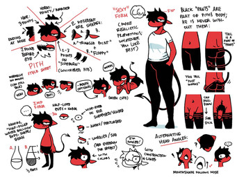 alternate_form anthro black_bottomwear black_clothing black_hair black_pants black_pubes bottomwear bottomwear_down bottomwear_pull breasts butt clothed clothed_anthro clothed_male clothing clothing_pull directional_arrow ellipsis flaccid genitals hair half-closed_eyes hand_in_pocket height horn looking_at_viewer lying male mouthless narrowed_eyes navel not_furry on_front open_mouth open_smile pants pants_down pants_pull partially_clothed penis pockets pubes raised_tail red_body red_penis red_skin shirt simple_background smile solo spade_tail speech_bubble standing tail talking_to_viewer text thought_bubble topless topless_anthro topless_male topwear white_background white_clothing white_shirt white_topwear shyguy9 pith demon imp 4:3 character_name english_text hi_res model_sheet