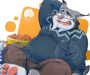anthro belly bottomwear clothing food fur grey_body grey_fur male milk nervous open_mouth pants pawpads slightly_chubby solo sweater topwear uwsponge disney zootopia pawbert_lynxley felid feline lynx mammal