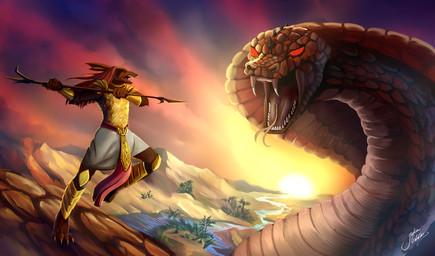 4_toes 5_fingers ambiguous_gender anthro clothed clothing day detailed_background duo feet feral fingers male open_mouth outside red_eyes scales sky sunset teeth toes tongue juliagoldfox canid canine mammal reptile scalie snake 2020 absurd_res digital_media_(artwork) hi_res