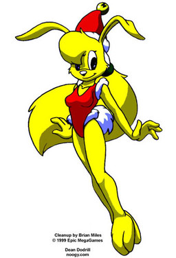 3_toes anthro barefoot biped blonde_hair christmas_clothing christmas_headwear clothed clothing feet female fur hair hat headgear headwear holidays long_hair merry_christmas santa_hat simple_background solo text toes white_background yellow_body yellow_fur dean_dodrill christmas epic_games jazz_jackrabbit_(series) lori_jackrabbit hare lagomorph leporid mammal 1999 english_text low_res