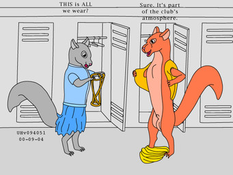 animal_genitalia anthro balls blue_clothing bottomwear clothing dialogue duo female fur genitals grey_body grey_fur harness locker locker_room male open_mouth orange_body orange_fur penis sheath skirt tail text topwear undressing vest urbanhermit mammal rodent sciurid tree_squirrel 2000 4:3 colored dated