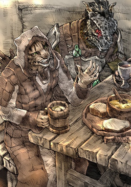 alcohol anthro armor beverage bread clothed clothing container cup food footwear male nails wine yellow_eyes tomato_(artist) bethesda_game_studios microsoft the_elder_scrolls the_elder_scrolls_online m'aiq_the_liar sharp-as-night argonian felid khajiit lizard mammal reptile scalie