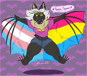 anthro bat_wings bottomwear breasts clothed clothed_anthro clothing curvy_figure eyewear fangs feet female fur glasses green_eyes grey_body grey_fur hair heterochromia jumping lgbt_pride lips membrane_(anatomy) membranous_wings midriff neck_tuft no_pupils paint pansexual_pride_colors prehensile_feet pride_colors purple_eyes purple_lips round_glasses shorts shortstack simple_background smile solo speech_bubble spread_wings squeaking teeth thick_lips toes transgender_pride_colors tuft white_hair wings bludermaus lgbt_pride_month bludermaus_(character) bat leaf-nosed_bat mammal microbat vampire_bat yangochiropteran 2019 digital_media_(artwork) signature