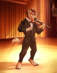 4_toes 5_fingers anthro barefoot biped black_clothing black_tie_(suit) bow_(feature) bow_(stringed_instrument) bow_in_front bow_tie bowed_string_instrument brown_body brown_fur brown_hair claws clothed clothing concert_hall detailed_background feet fingers fur hair holding_musical_instrument holding_object male musical_instrument playing_music playing_violin smile solo stage string_instrument suit toe_claws toes violin nasnency nils_rinkan canid canine canis mammal wolf 2020 detailed hi_res