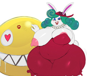 ambiguous_gender anthro areola areola_slip belly big_belly big_breasts big_butt blue_hair bodily_fluids breasts buckteeth butt clothed clothing curvy_figure dress drooling duo eyeshadow female hair hat headgear headwear heart_eyes heart_symbol huge_breasts huge_butt huge_hips jewelry kiss_mark lactating lipstick looking_at_viewer makeup milk navel necklace nipples one_breast_out overweight overweight_female red_eyes saliva sharp_teeth simple_background teeth thick_thighs voluptuous white_background wide_hips sssonic2 mario_bros nintendo super_mario_odyssey broodal chain_chompikins madame_broode chain_chomp lagomorph leporid mammal rabbit sphere_creature 2018 absurd_res digital_media_(artwork) hi_res