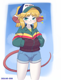 anthro blonde_hair blue_background blue_bottomwear blue_clothing blue_eyes blue_shorts border bottomwear bulge clothing emanata femboy front_view fur green_clothing green_jacket green_topwear hair half-closed_eyes hand_in_pocket jacket looking_at_viewer male narrowed_eyes pink_body pink_nose pockets red_clothing red_jacket red_topwear shirt shorts simple_background sky smile solo standing thigh_gap topwear white_body white_border white_fur yellow_clothing yellow_jacket_(clothing) yellow_shirt yellow_topwear mr-shin marvin_(mr-shin) mammal mouse murid murine rodent 2026 hi_res