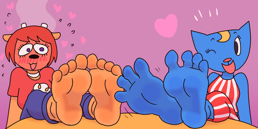 4_toes anthro barefoot black_nose blonde_hair blue_body blue_bottomwear blue_clothing blue_pants blush blush_lines bottomwear breasts choker clothed clothed_anthro clothed_female clothing duo eyelashes feet female foot_fetish foot_focus hair heart_symbol humanoid_feet jewelry necklace one_eye_closed open_mouth open_smile pants pattern_clothing pink_nose plantigrade purple_eyes red_clothing red_hair red_shirt red_topwear shirt smile soles striped_clothing stripes tan_body toes topwear white_choker white_jewelry white_necklace white_sclera compysteps parappa_the_rapper sony_corporation sony_interactive_entertainment um_jammer_lammy katy_kat lammy_lamb bovid caprine domestic_cat felid feline felis mammal sheep 2:1 absurd_res hi_res