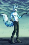 abs anthro barefoot biped blue_body blue_fur claws clothed clothing collar feet fur hair male outside pose raining solo tail toe_claws topless v-cut wet white_body white_fur white_hair koorimizu wolfy_(chaoticicewolf) canid canine canis mammal wolf 2012 hi_res