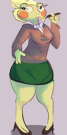 accessory anthro black_eyes blonde_hair bottomwear businesswear clothing eyelashes eyewear female footwear glasses green_body hair hair_accessory hairpin high_heels looking_at_viewer pen shirt shoes skirt solo spots standing tongue tongue_out topwear wearing_glasses squaresville amphibian frog hi_res