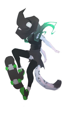 anthro bottomwear breasts clothing female footwear fur green_hair grey_body grey_fur hair hat headgear headwear legwear shoes simple_background skateboarding skirt solo stockings tail underwear white_background witch_hat corablue tharkis felid mammal pantherine snow_leopard 2025 absurd_res digital_media_(artwork) hi_res