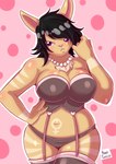 anthro big_breasts black_hair breasts brown_body brown_fur chest_tuft clothed clothing female female_symbol fur garter_belt garter_straps gender_symbol hair hand_on_hip jewelry legwear lingerie long_ears markings mature_female navel necklace panties partially_clothed pink_nose pose purple_eyes short_hair simple_background slightly_chubby solo stockings symbol thick_thighs topwear tuft underwear wide_hips haniel janice_flynn lagomorph leporid mammal rabbit 2016 absurd_res hi_res signature