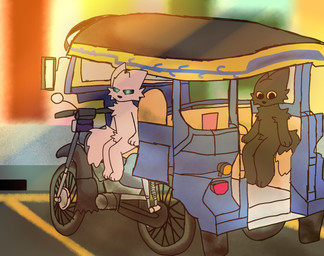 anthro black_body black_fur black_nose black_sclera blue_eyes cheek_tuft duo facial_tuft fluffy fluffy_tail fur male monotone_body monotone_fur nude orange_eyes orange_sclera sitting tail tuft vehicle white_body white_fur yellow_sclera arcticolthetwinfox casualties:_unknown gunsaw canid canine expie_(gunsawian) gunsawian mammal milky_(gunsawian) hi_res