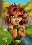 anthro arm_tuft brown_body brown_fur brown_hair building clothing elbow_tuft eyebrows eyelashes female fur green_eyes hair hand_on_arm hand_on_cheek leaf_clothing looking_at_viewer open_mouth open_smile outside plant short_hair smile solo tree tuft wristband arsbin activision spyro_the_dragon elora faun_(spyro) mammal 2024 absurd_res half-length_portrait hi_res portrait