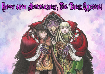 anniversary anthro beak cheering clothed clothing elderly fangs fully_clothed gown group happy hug looking_at_viewer multi_limb renaissance_clothing speech_bubble teeth text trio skekla_(artist) the_dark_crystal skeksil_the_chamberlain alien gelfling skeksis 2022 comic english_description english_text signature herm_(lore)