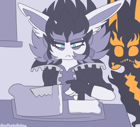 4_fingers anthro bent_arm black_body black_clothing black_gloves black_hair black_handwear black_jacket black_topwear blue_eyes bread closed_frown clothed clothing counter duo ear_piercing ear_tuft eyebrows eyelashes fangs female fingers food frown fur gloves grey_clothing grey_ear_piercing grey_eyelids grey_hair grey_inner_ear grey_shirt grey_topwear grey_wall hair handwear holding_knife holding_object inside jacket knife left-handed long_ears mouth_closed multicolored_hair narrowed_eyes no_pupils noseless notched_ear open_clothing open_jacket open_topwear orange_eyebrows orange_eyes orange_inner_ear orange_teeth piercing sharp_teeth shirt slicing slicing_bread spiky_hair squint standing teeth text thick_eyebrows topwear torn_clothing torn_shirt torn_topwear tuft two_tone_hair wall_(structure) white_body white_fur gaypastabake mario_plus_rabbids_sparks_of_hope nintendo raving_rabbids rayman_(series) ubisoft darkmess_edge edge_(mario_plus_rabbids) fan_character lagomorph mammal rabbid shadow_creature 2024 artist_name digital_drawing_(artwork) digital_media_(artwork) english_description flat_colors hi_res