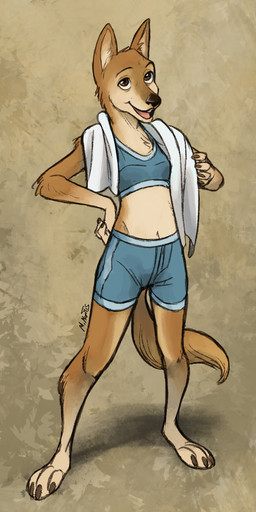 anthro arm_tuft barefoot black_nose bra brown_body brown_eyes brown_fur calf_tuft chest_tuft claws clothed clothing elbow_tuft eyebrows feet female fur hand_on_hip leg_tuft looking_at_viewer looking_up multicolored_body multicolored_fur navel open_mouth partially_clothed pattern_background shoulder_tuft simple_background smile smiling_at_viewer solo sports_bra toe_claws towel tuft two_tone_body two_tone_fur underwear marcie_montis sunshine_(ferretfyre) canid canine canis domestic_dog mammal 2021 full-length_portrait hi_res portrait signature
