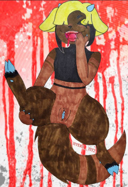 andromorph anthro blonde_hair blood blue_clitoris blue_inner_labia blue_vulva bodily_fluids clitoris fangs fur genitals hair inner_labia intersex nude open_mouth photo_background smile solo tail teeth vulva hyena_titz aai_(dreamscreep) deer domestic_cat felid feline felis hybrid mammal hi_res marker_(artwork) mixed_media photography_(artwork) traditional_media_(artwork)