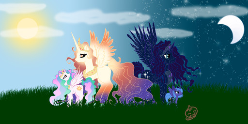 crown cutie_mark detailed_background feathered_wings feathers female feral fur group hair headgear horn multicolored_hair princess quadruped rainbow_hair royalty size_difference star sun tail toony white_body white_feathers white_fur wings young lilmandarin friendship_is_magic hasbro my_little_pony mythology princess_celestia_(mlp) princess_luna_(mlp) equid equine mammal mythological_creature mythological_equine winged_unicorn hi_res parent_(lore)