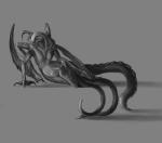 2015 alien breasts claws digital_media_(artwork) evolve_(copyright) fangs female grey_background monochrome non-mammal_breasts nude open_mouth phinja pose scalie simple_background sketch smile solo teeth tentacles wraith_(evolve)