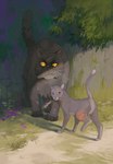 2019 :3 age_difference ambiguous_gender arucarrd blue_eyes cinderpelt_(warriors) claws detailed detailed_background digital_media_(artwork) digital_painting_(artwork) disability domestic_cat duo feet felid feline felis female_(lore) feral flower fluffy fur grass grey_body grey_fur hi_res holding_flower holding_object larger_feral lavender_(flower) looking_at_viewer looking_back looking_back_at_viewer mammal mouth_hold notched_ear older_feral outside paws plant pupils raised_tail scar size_difference slit_pupils smaller_feral smile tail teeth warriors_(book_series) yellow_eyes yellowfang_(warriors) young young_feral younger_feral