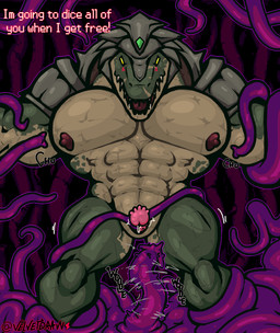 abs aggressive angry animal_genitalia animal_penis anthro anthro_penetrated anus armor armor_only blush blush_lines bodily_fluids cloaca cloacal cloacal_penetration cloacal_penis dialogue dripping excited excited_for_sex facial_scar forced genital_fluids genitals green_body headgear helmet imminent_penetration imminent_sex leaking_precum male male_anthro mind_break multicolored_body muscular muscular_anthro muscular_arms muscular_male muscular_thighs nipples pecs penetration penis penis_tentacles pink_nipples precum precum_drip purple_tentacles questionable_consent rape restrained restrained_by_tentacles scales scar sex shaking shoulder_armor solo submitting tentacle_in_cloaca tentacle_penetration tentacle_rape tentacle_sex tentacles text throbbing throbbing_penis trembling trembling_for_pleasure yellow_body yellow_eyes velvetdraw league_of_legends riot_games tencent renekton crocodile crocodilian reptile scalie 2025 detailed digital_drawing_(artwork) digital_media_(artwork) english_text hi_res shaded simple_shading