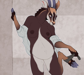 anthro belly big_belly black_nipples breasts brown_body brown_fur clothing cloven_hooves countershading female fingers fur grumpy hooved_fingers hooves horn mane mostly_nude nipples pregnant pregnant_anthro pregnant_female solo standing undressing hoot_(artist) tosin_afolabi_(slither) antelope bovid mammal