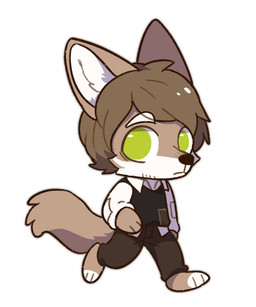 anthro black_clothing black_nose black_topwear bottomwear brown_body brown_bottomwear brown_clothing brown_ears brown_fur brown_hair brown_pants brown_tail clothed clothing countershading fur glistening glistening_eyes green_eyes hair inner_ear_fluff looking_aside male mouth_closed pants simple_background solo tail three-quarter_view topwear tuft unsigned walking white_background white_body white_clothing white_fur white_inner_ear_fluff white_topwear asnnonaka lim_(asnnonaka) canid canine canis mammal wolf full-length_portrait portrait