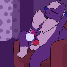 anthro big_tail bodily_fluids condom cum excessive_cum excessive_genital_fluids eyes_closed filled_condom fur furniture genital_fluids genitals hair knot knotted_penis long_hair male masturbation on_sofa penis precum purple_background purple_body purple_fur sexual_barrier_device simple_background sitting sitting_on_sofa sofa solo tail doug_polaris unknown_purple canid canine mammal taidum 1:1 hi_res