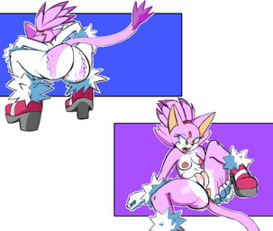 anthro anus areola black_nose blue_background bodily_fluids bodysuit breasts breath clothing crouching dipstick_tail eyelashes female footwear forehead_gem front_view fur gem genitals gloves handwear markings navel nipples nude open_mouth pink_areola pink_clothing pink_footwear pink_nipples pink_shoes purple_background purple_body purple_fur rear_view shoes simple_background skinsuit small_breasts solo sweat tail tail_markings thick_thighs tight_clothing torn_bodysuit vulva white_background white_body white_bodysuit white_clothing white_fur white_gloves white_handwear white_skinsuit wide_hips yellow_eyes noinxatnite sega sonic_the_hedgehog_(series) blaze_the_cat domestic_cat felid feline felis mammal absurd_res hi_res