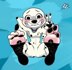 3_toes anthro anthrofied barefoot black_body black_fur black_spots blush body_blush embarrassed featureless_crotch feet female foot_blush foot_focus fur gesture hand_gesture looking_at_viewer markings pawpads paws smile solo spots spotted_body spotted_fur toes v_sign white_body white_fur lazzylad 101_dalmatian_street 101_dalmatians disney dolly_(101_dalmatians) canid canine canis dalmatian domestic_dog mammal