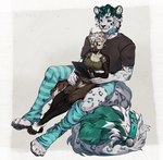 4_toes 5_fingers anthro biped bottomwear breasts brown_body brown_fur claws clothed clothed_anthro clothed_female clothed_male clothing collar countershade_torso countershading duo ear_piercing feet female finger_claws fingers front_view fully_clothed fully_clothed_anthro fully_clothed_female fully_clothed_male fur gauged_ear green_eyes green_hair green_horn green_spots hair heterochromia holding_object holding_tablet horn inner_ear_fluff legwear looking_at_object looking_at_tablet male markings pattern_clothing pattern_legwear pattern_thigh_highs pawpads paws piercing shirt simple_background sitting smile spots spotted_body spotted_fur spotted_markings spotted_tail striped_clothing striped_legwear striped_thigh_highs stripes t-shirt tail tail_markings teeth thigh_highs toe_claws toeless_legwear toeless_thigh_highs toes topwear tuft white_body white_fur white_hair white_tail yellow_eyes bastika felid feline mammal 2025 digital_media_(artwork) hi_res