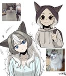 :3 :< backpack black_ears black_hair blue_eyes clothed clothing duo eyelashes female female_humanoid feral front_view grey_ears grey_hair grey_inner_ear hair head_tilt hoodie light_body light_skin long_hair looking_at_viewer multicolored_hair no_sclera pale_skin photo_reference pupils question_mark reference_image shirt simple_background smile smirk smug topwear two_tone_hair white_background white_clothing white_hair white_hoodie white_shirt white_topwear yellow_eyes gegegekman animal_humanoid cat_humanoid domestic_cat felid felid_humanoid feline feline_humanoid felis humanoid mammal mammal_humanoid 2024 bust_portrait colored digital_media_(artwork) hi_res multiple_images portrait shaded signature