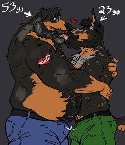 age_difference anthro anthro_on_anthro barazoku beard belly belt biceps big_bulge big_muscles black_background bodily_fluids body_hair bottomwear bulge chest_hair claws clothed clothing denim denim_bottomwear denim_clothing directional_arrow duo emanata eye_contact eyewear facial_hair fur glasses hair happy_trail heart_symbol hug huge_muscles hugging_another intimate jeans kissing looking_at_another male male/male mature_anthro mature_male musclegut muscular muscular_anthro muscular_male musk number pants pubes saliva saliva_on_tongue side_view simple_background size_difference standing stated_age tattoo text thick_arms tongue tongue_out topless topless_anthro topless_male tuft kerim_will canid canine canis domestic_dog mammal mastiff molosser rottweiler 2026 english_text hi_res father_(lore) father_and_child_(lore) father_and_son_(lore) incest_(lore) parent_(lore) parent_and_child_(lore) parent_and_son_(lore) son_(lore)