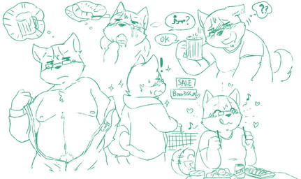 anthro blush bodily_fluids clothing cum cum_on_face drunk duo erection eyewear food genital_fluids genitals glasses hoodie male male/male mental_pictographics nipples open_mouth oral overweight penis shirt simple_background solo substance_intoxication t-shirt thought_bubble topwear undressing white_background bighornsheep_(artist) canid canine canis domestic_dog mammal multiple_images pictographics sketch