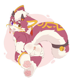 anthro backsack balls bangle bell blush butt ear_piercing ear_ring feet fluffy fluffy_tail fur fur_markings genitals gloves_(marking) heterochromia jewelry leg_markings looking_at_viewer magenta_fur male markings monacle nude paws penis piercing presenting presenting_hindquarters purple_eyes ring_piercing simple_background small_penis socks_(marking) solo tail white_body white_fur yellow_eyes young young_anthro young_male lang_yus mythology dragon eastern_dragon furred_dragon furred_scalie mythological_creature mythological_scalie scalie colored hi_res