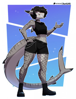 5_fingers anthro belt biped black_hair bottomwear breasts choker claws clenched_teeth clothed clothed_anthro clothed_female clothing countershade_torso countershading female finger_claws fingers fishnet_clothing footwear front_view fully_clothed fully_clothed_anthro fully_clothed_female grey_body grey_skin grey_stripes grey_tail hair hand_on_hip hand_on_own_hip jewelry looking_at_viewer markings navel necklace non-mammal_breasts pants purple_eyes shoes small_breasts smile solo standing striped_body striped_markings striped_skin striped_tail stripes tail tail_markings teeth topwear sharkcatsg sergie_(sergie_sharke) aquatic fish shark 2025 digital_drawing_(artwork) digital_media_(artwork) hi_res