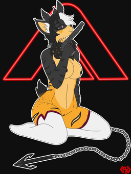 antennae_(anatomy) anthro belly big_breasts big_butt black_body black_hair braided_hair breasts butt chain chest_tuft clothing curvy_figure ear_tuft facial_markings female freckles genitals grey_eyes gun hair handgun head_markings holding_chain holding_object holding_ranged_weapon holding_weapon inner_ear_fluff kneeling legwear long_hair markings neck_tuft neon neon_lights nipples orange_body pistol ranged_weapon short_tail simple_background smile solo spots stockings stripes tail thick_thighs thigh_highs tuft vulva weapon white_hair wide_hips cayenne_arts innersloth the_finals aleph_(cayenne_arts) arthropod bobcat felid feline hybrid insect lepidopteran lynx mammal moth 3:4 absurd_res colored flat_colors full-length_portrait hi_res portrait nonbinary_(lore)