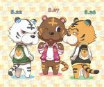 anthro biped black_nose bottomless brown_body brown_fur butt chibi clothed clothing countershading female fur group jacket leucistic looking_at_viewer looking_back male one_eye_closed standing striped_body striped_fur stripes text text_on_clothing text_on_jacket text_on_topwear topwear giraffe_(artist) animal_crossing nintendo bangle_(animal_crossing) rolf_(animal_crossing) rowan_(animal_crossing) felid mammal pantherine tiger english_text