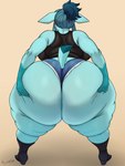 anthro big_breasts big_butt blue_body breasts butt butt_focus butt_grab clothing female hair hand_on_butt hand_on_own_butt huge_breasts huge_butt hyper hyper_butt overweight overweight_anthro overweight_female simple_background solo thick_thighs tied_hair tight_clothing wide_hips bayushkit nintendo pokemon eeveelution generation_4_pokemon glaceon pokemon_(species) 2025 3:4 hi_res