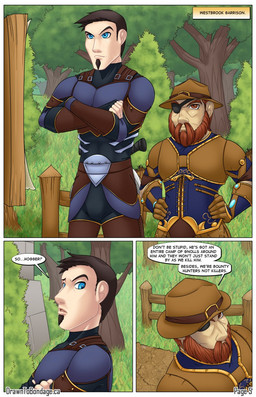 armor beard clothing dialogue duo facial_hair fence hat headgear headwear human_only male not_furry plant standing tree ackanime human mammal comic hi_res