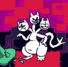 3_eyes 3_heads 3_toes anthro belly clothing feet female hand_on_hip hat headgear headwear horn male male/female multi_eye multi_head shy slightly_chubby smile tail thick_thighs toes iloveslutyshortstax deltarune european_mythology greek_mythology mythology undertale_(series) clover_(deltarune) ralsei bovid caprine darkner goat hydra mammal digital_media_(artwork) pixel_(artwork)