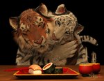 ambiguous_gender anthro beverage blue_eyes chopsticks duo ear_piercing food hug looking_down piercing sushi yellow_eyes sherwood felid mammal pantherine tiger 2024 3d_(artwork) digital_media_(artwork) hi_res signature