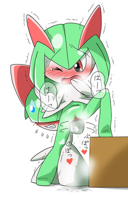 ambiguous_gender blush duo female female/ambiguous fisting genitals heart_symbol narrow_hips penetration simple_background slim text thin_calves thin_legs thin_thighs vulva white_background pasaran nintendo pokemon generation_3_pokemon humanoid kirlia pokemon_(species) ralts 2014 japanese_text translation_request