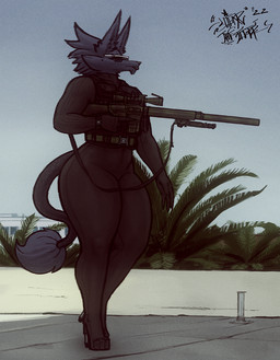 4_fingers anthro black_body black_fur bodysuit clock clothed clothing day eyewear female fingers footwear fur gun high_heels lips long_ears narrowed_eyes outside ranged_weapon rifle shoes skinsuit sniper_rifle solo standing sunglasses thick_bottom_lip thick_thighs tight_clothing watch weapon wide_hips sligarthetiger dubmare canid canine canis mammal wolf 2022 full-length_portrait hi_res portrait signature