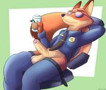 anthro beverage bottomwear bottomwear_down clothed clothing costume eyewear foreskin genitals holding_beverage holding_object humanoid_genitalia humanoid_penis laid_back male pants pants_down partially_clothed penis police police_uniform simple_background smile solo sunglasses uniform mazilion disney zootopia nick_wilde canid canine fox mammal red_fox true_fox hi_res